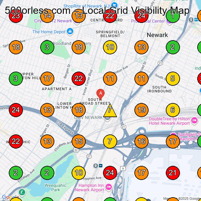 500orless.com Used Car Dealer GeoGrid ranking map for Newark NJ